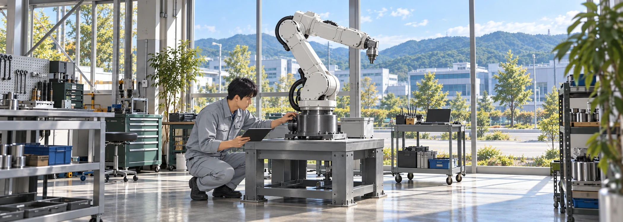 Robot base joint reducer illustration in a Lao industrial setting